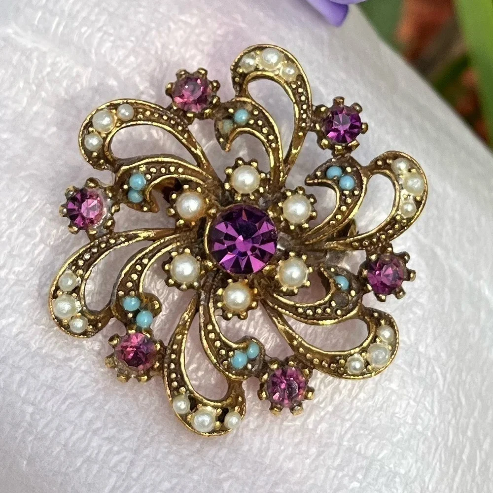 Vintage Purple Rhinestone Brooch Pin with Blue and Pearl Accents